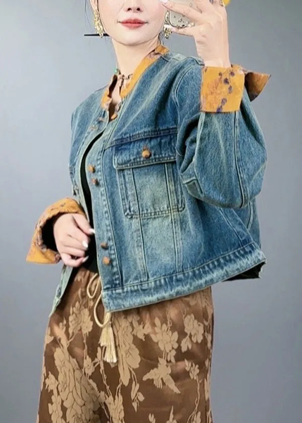 Loose Blue Button Pockets Patchwork Denim Coats Spring QA1087