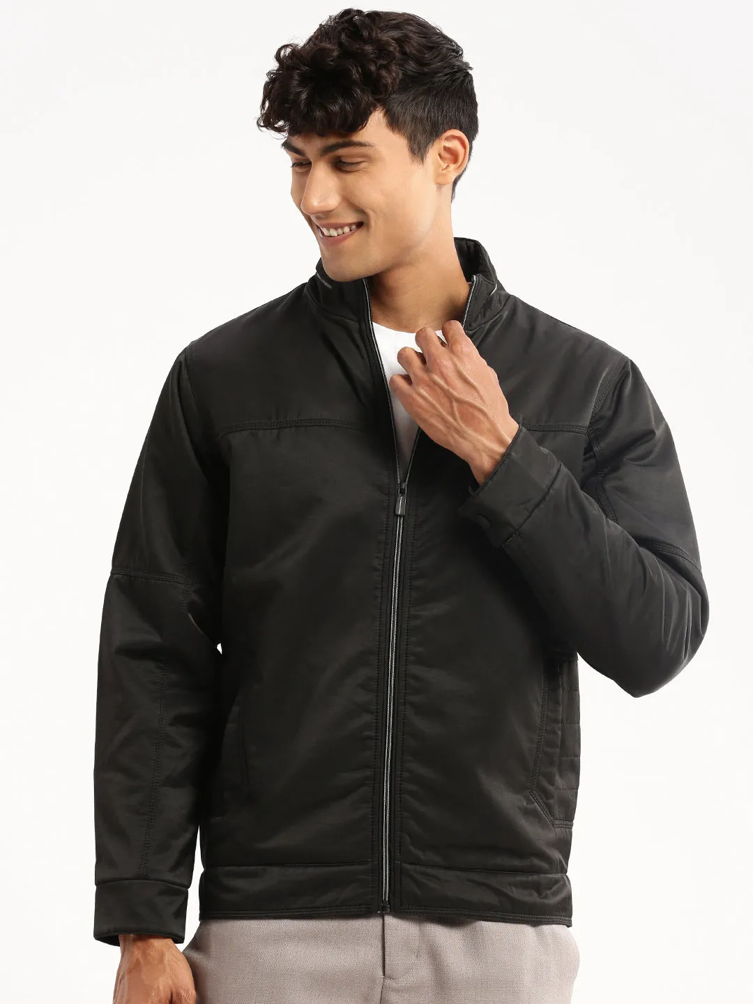 Men Black Mock Collar Solid Bomber