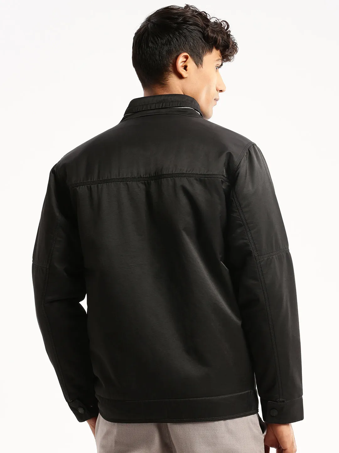 Men Black Mock Collar Solid Bomber