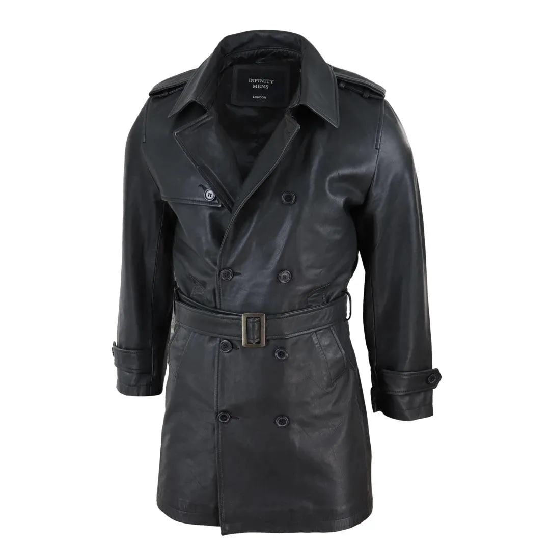 Mens Black 3/4 Trench Coat Real Leather Belted Jacket Classic Soft Napa Classic