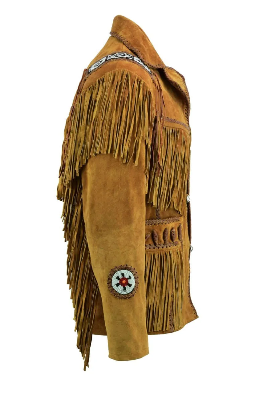 Mens Classic Western Brown Suede Leather With Beads Fringes Indians