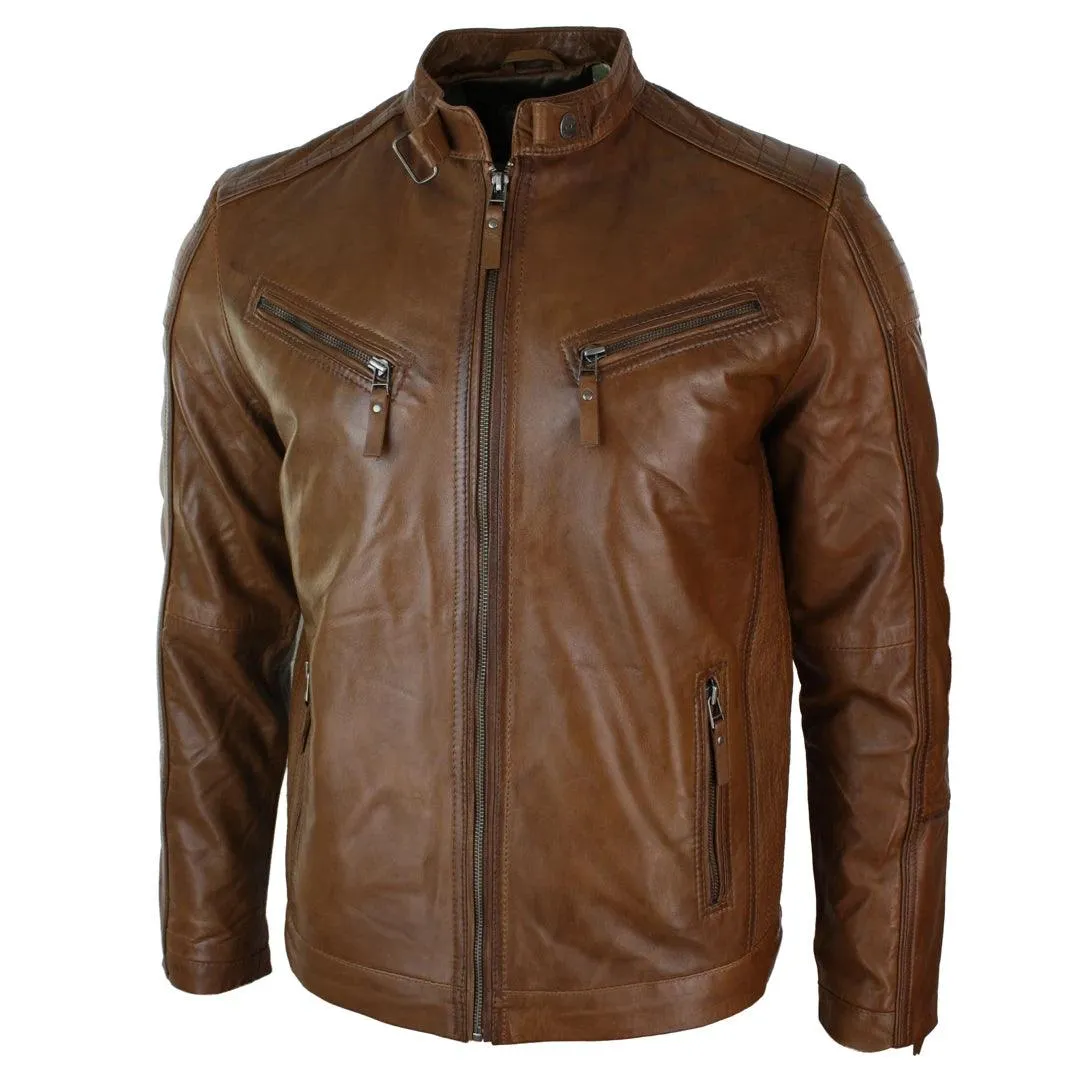 Mens Slim Fit Real Leather Vintage Retro Tan Brown Washed Biker Jacket Casual