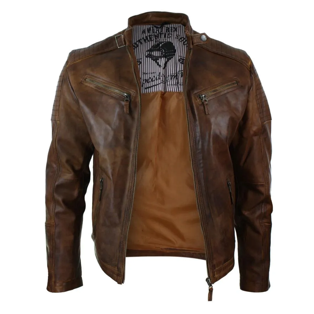 Mens Slim Fit Real Leather Vintage Retro Tan Brown Washed Biker Jacket Casual