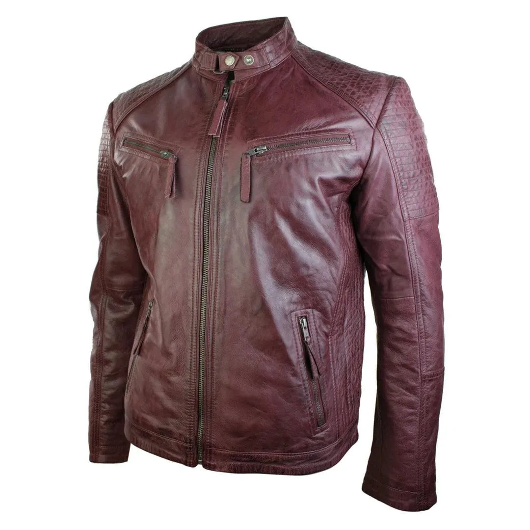 Mens Slim Fit Real Leather Vintage Retro Tan Brown Washed Biker Jacket Casual