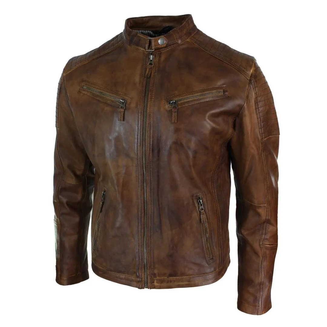 Mens Slim Fit Real Leather Vintage Retro Tan Brown Washed Biker Jacket Casual