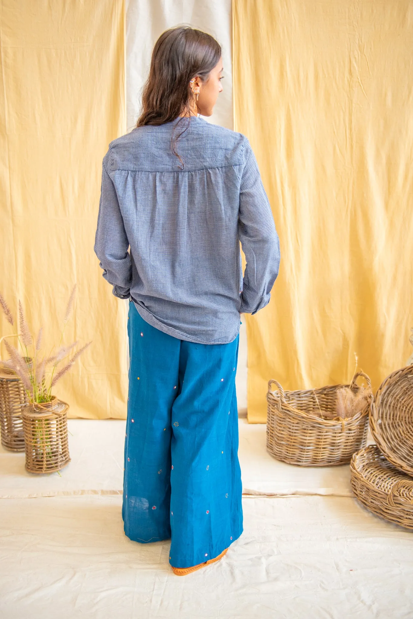 Mirror Embroidered Indigo Wide Leg Pants