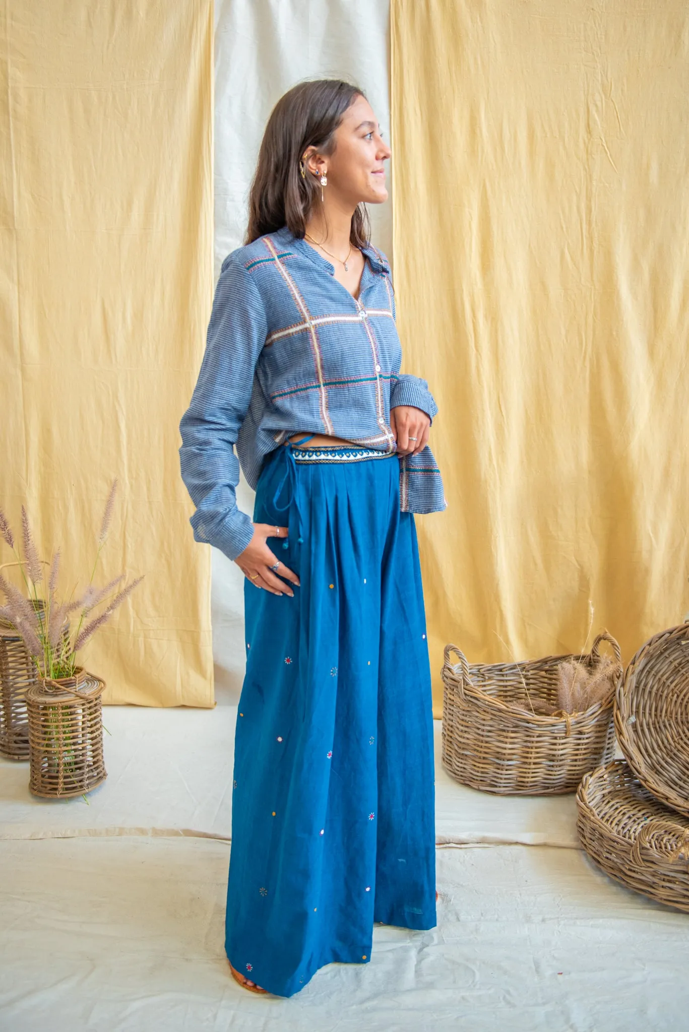 Mirror Embroidered Indigo Wide Leg Pants