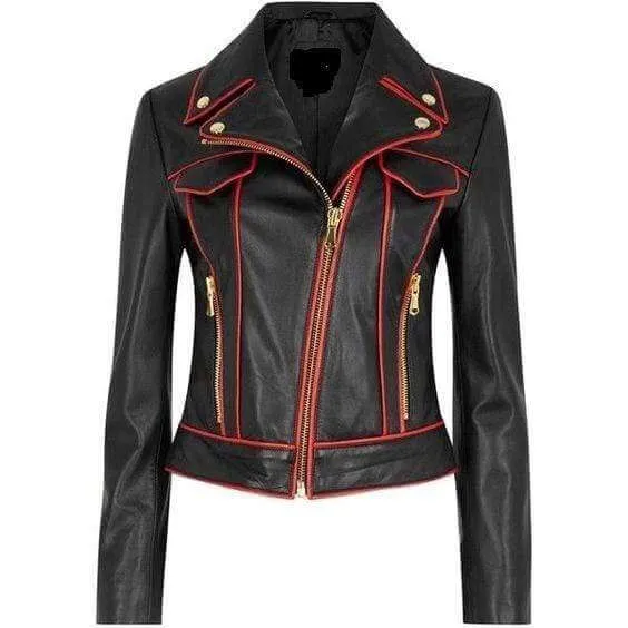 New Handmade Women,s Black Red Leather Zipper Jacket