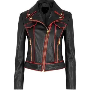 New Handmade Women,s Black Red Leather Zipper Jacket