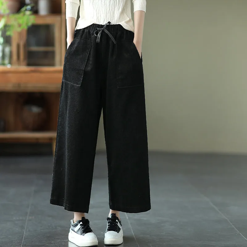 Pocket Wide Leg Pants, Cotton Pants for Women, Loose Women Trousers