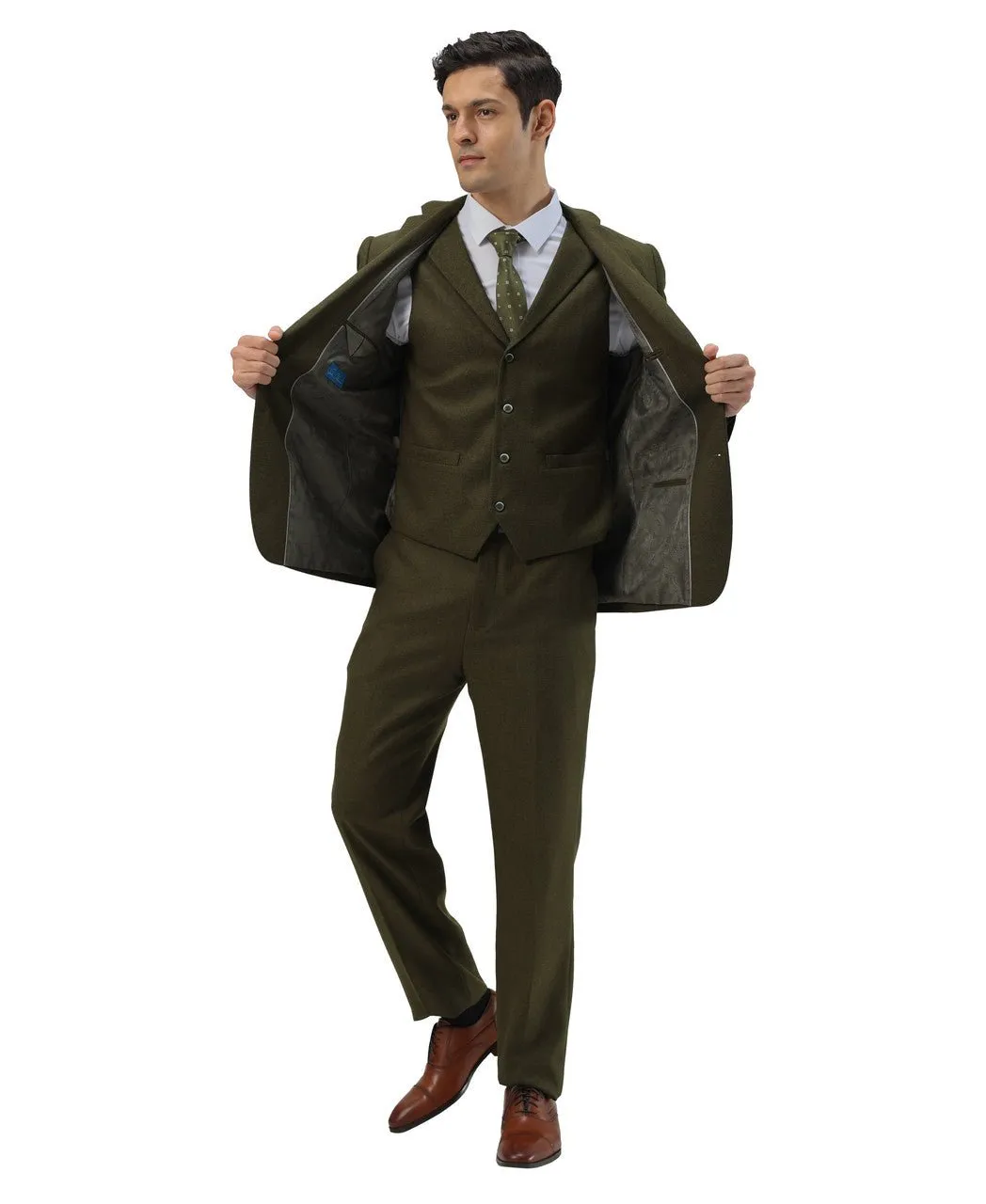 "Hybrid Fit" 3-Piece Tweed Suit with Notch Lapel by Sean Alexander - Olive