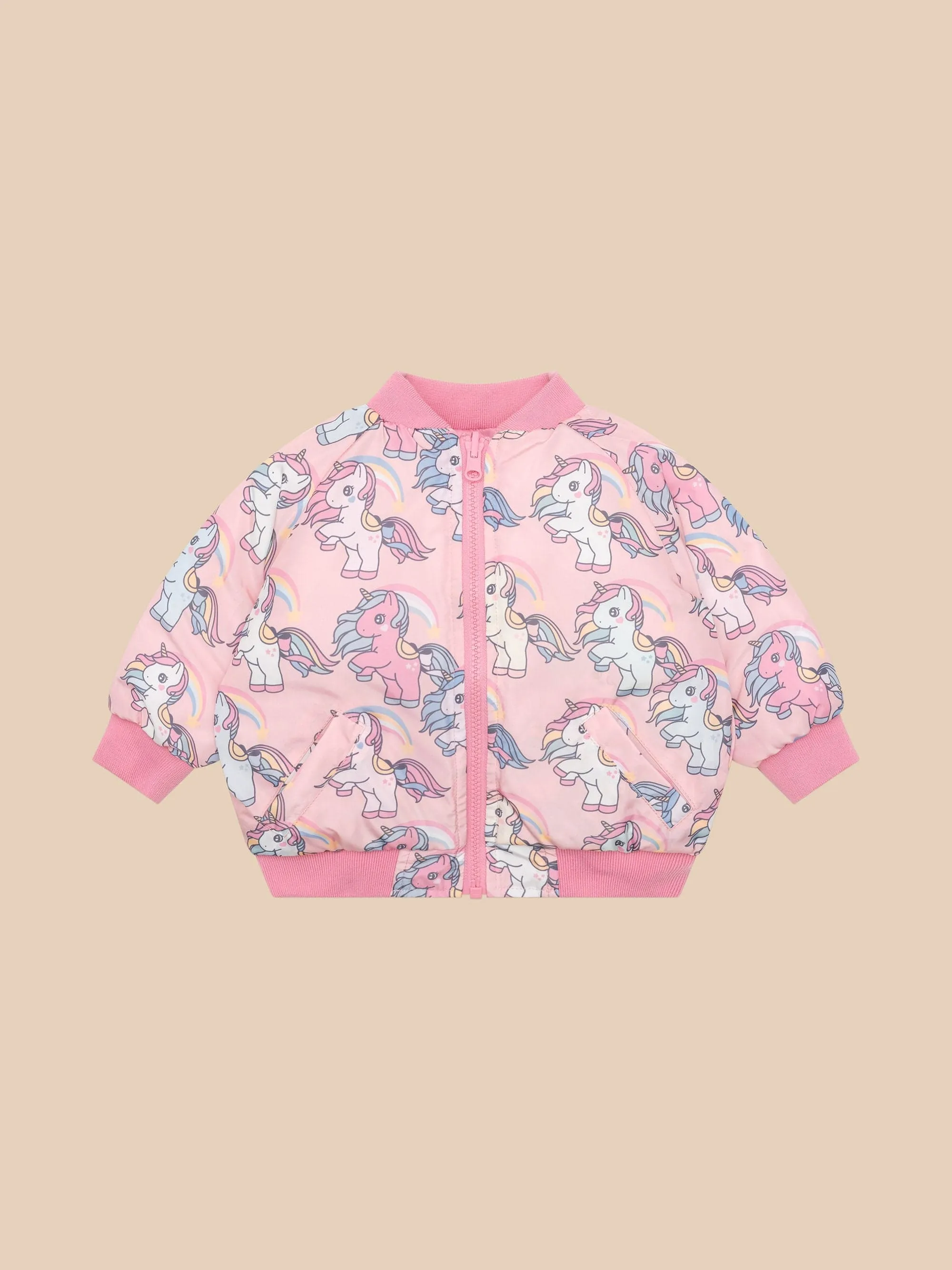 Rainbow unicorn reversible bomber