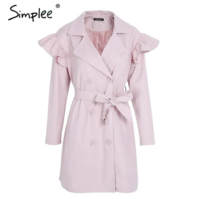 Ruffle trench coat women outerwear & coats Autumn sash pocket streetwear trench