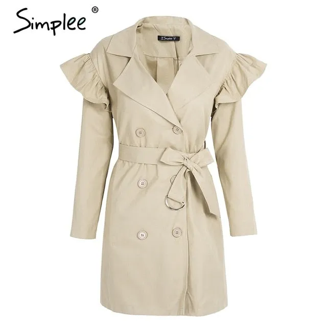 Ruffle trench coat women outerwear & coats Autumn sash pocket streetwear trench