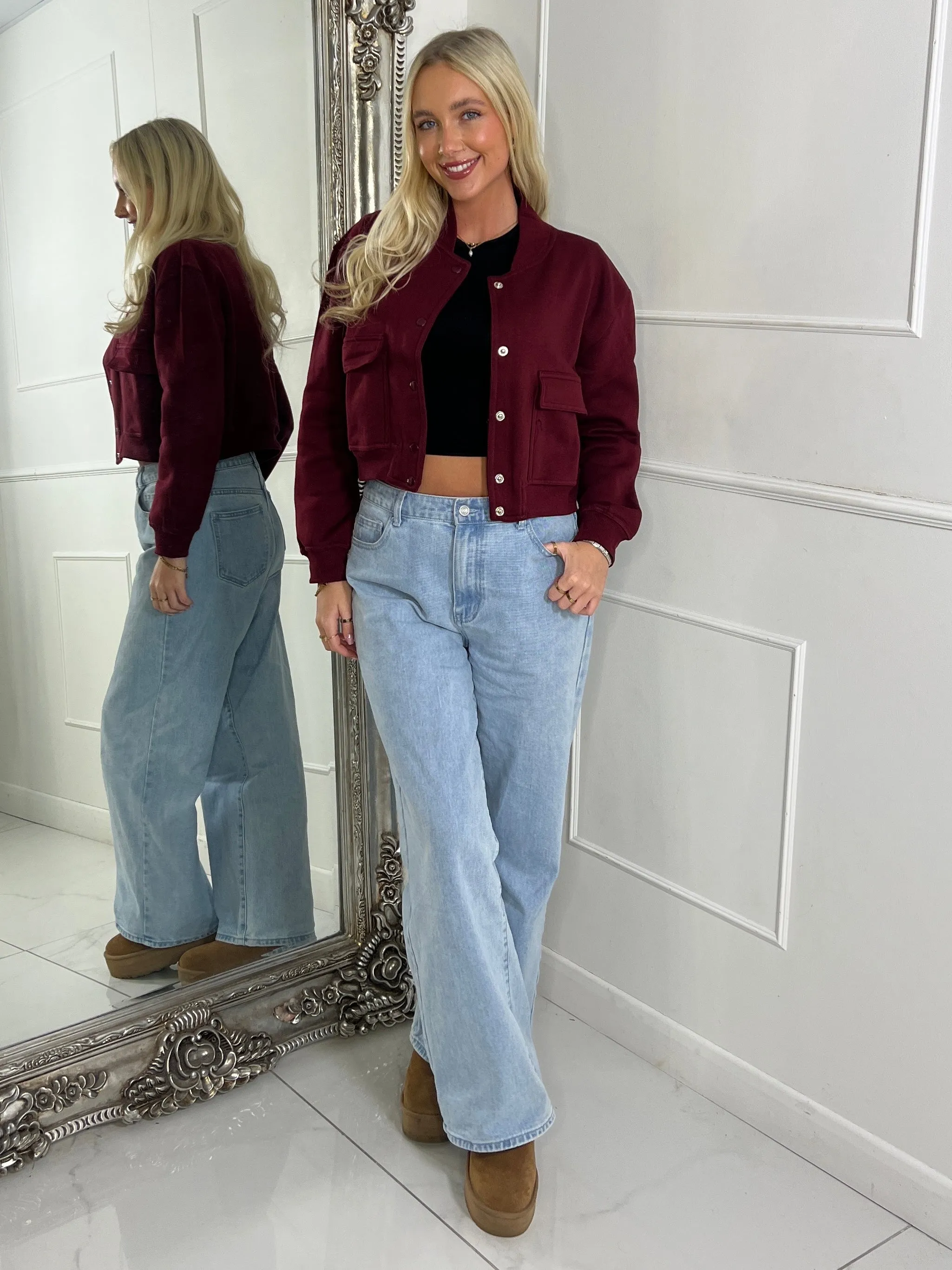 Soft Cotton Cropped Pocket Detail Bomber Jacket - Wine Bergundy