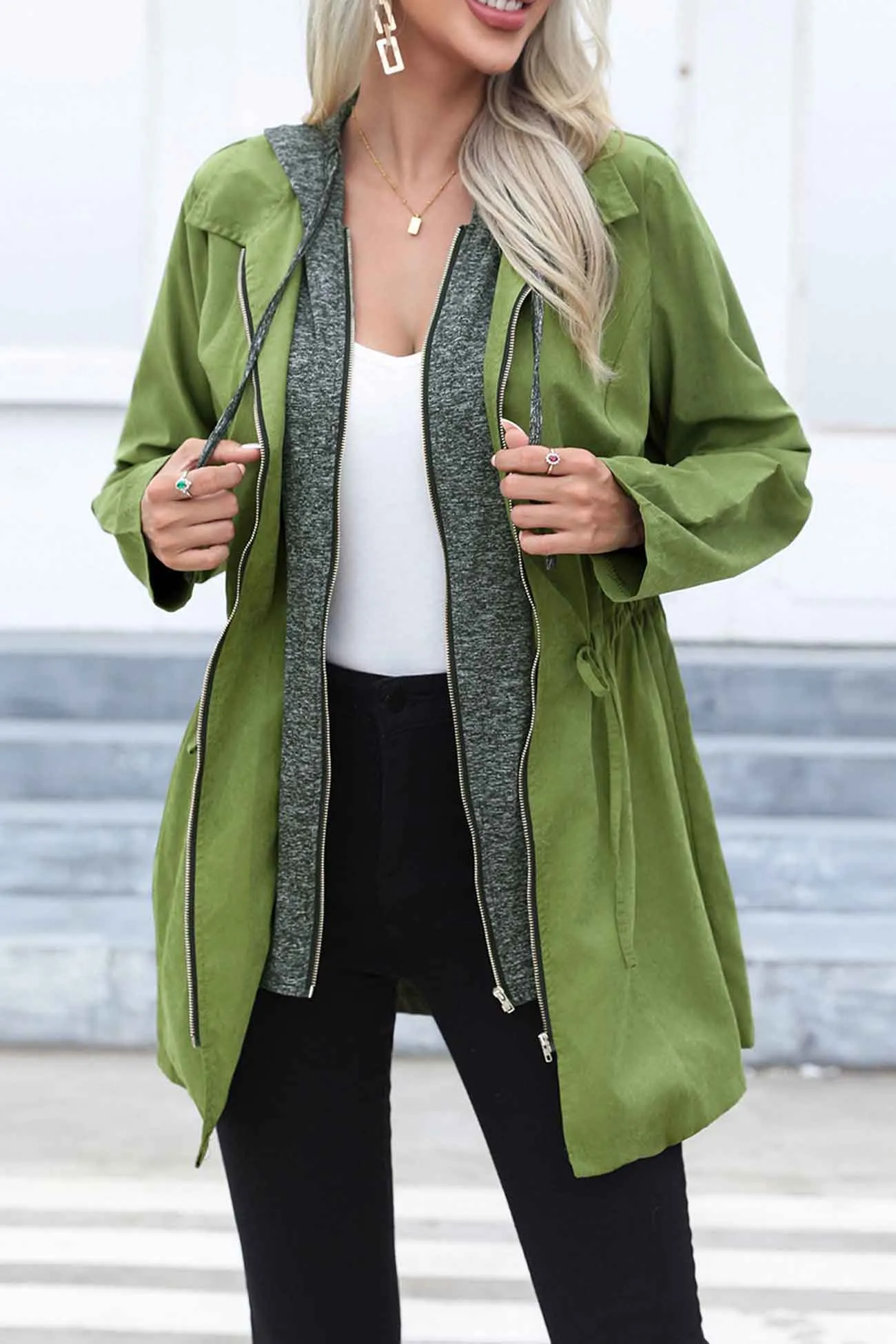 Strappy Patchwork Hooded Zip Up Trench Coat