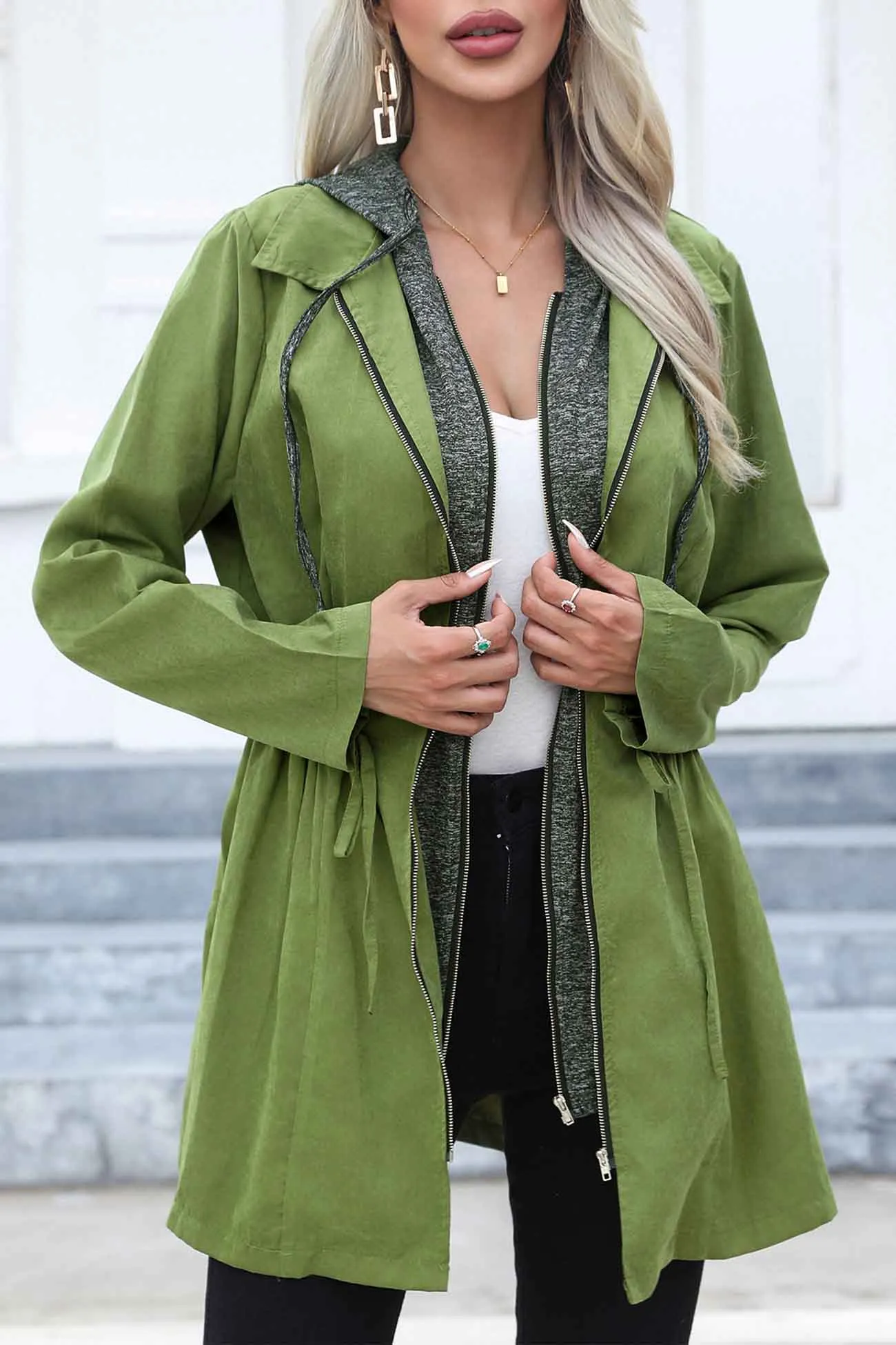 Strappy Patchwork Hooded Zip Up Trench Coat