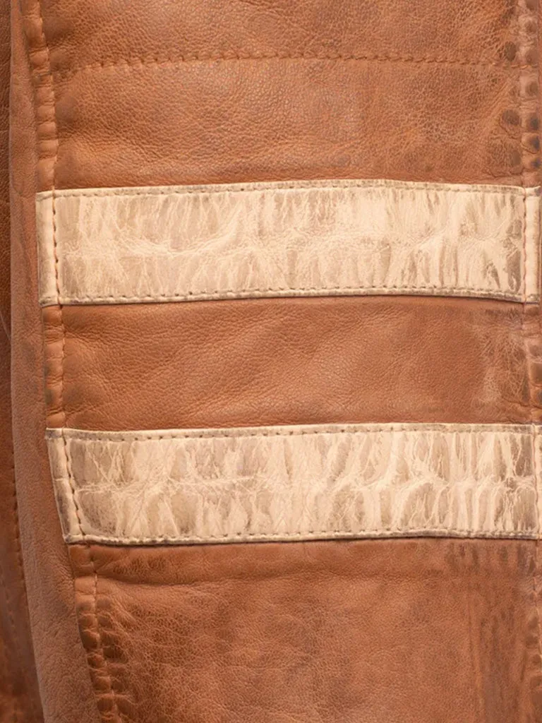 Tan Brown Stripes Biker Leather Jacket