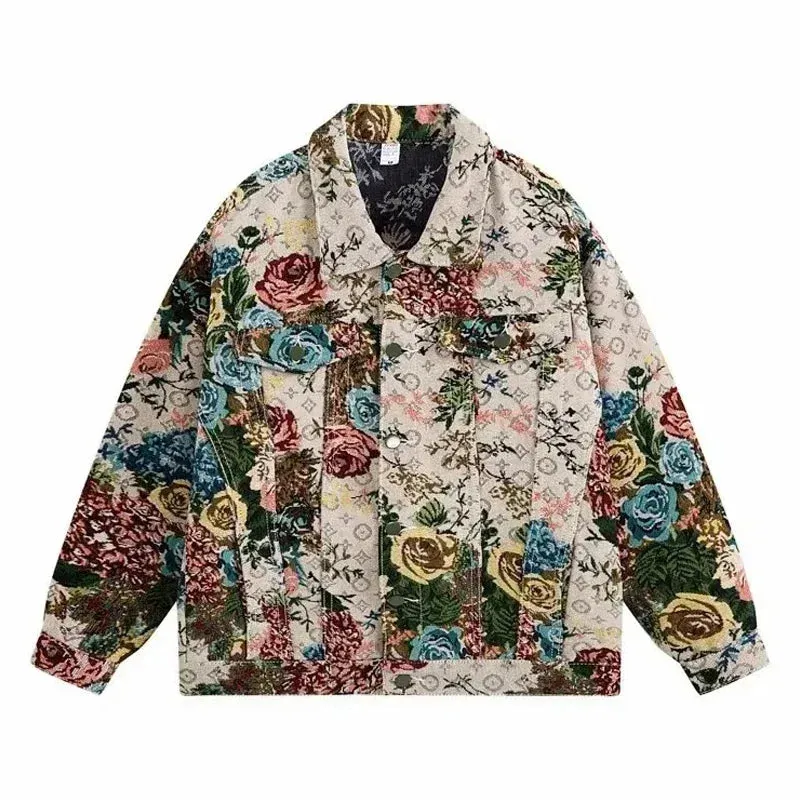 Varsity Denim Jacket Man Women Casual Flower Jacquard Cowboy Jackets Oversized Spring Autumn Unisex Coats Retro Cargo Outwear