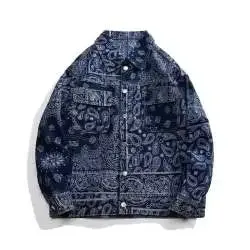 Varsity Denim Jacket Man Women Casual Flower Jacquard Cowboy Jackets Oversized Spring Autumn Unisex Coats Retro Cargo Outwear