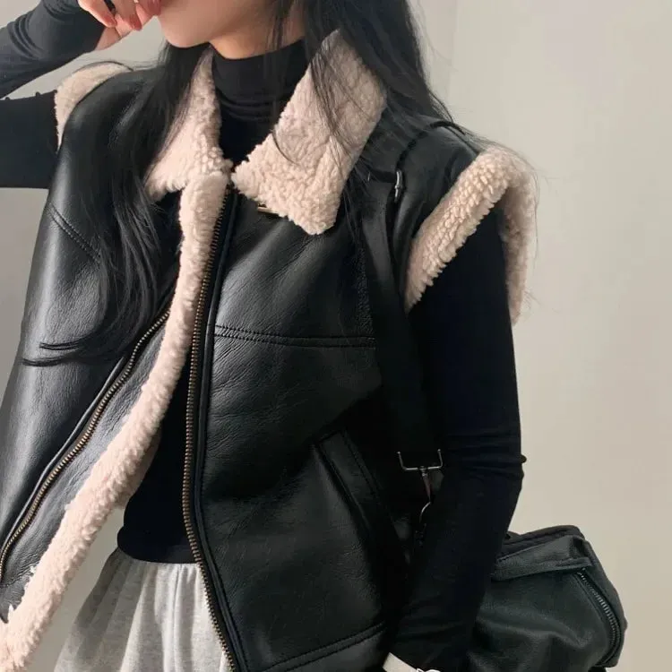 Vevesc Korean Chic Leather Vest Coat Women Autumn Winter New Lapel Neck Zipper Jackets Y2k E-Girl Slim Fit Sleeveless Tops Mujer