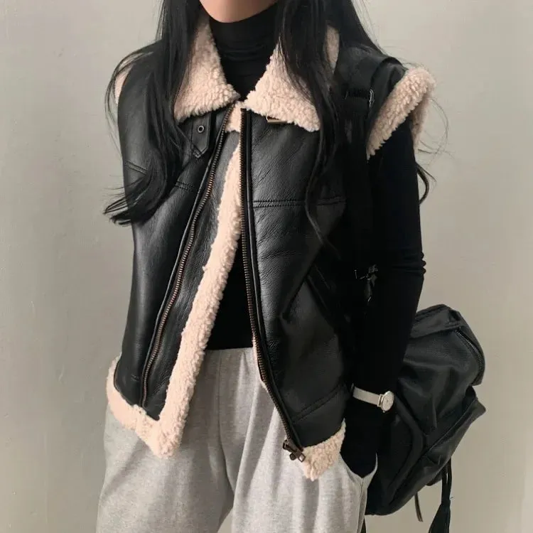 Vevesc Korean Chic Leather Vest Coat Women Autumn Winter New Lapel Neck Zipper Jackets Y2k E-Girl Slim Fit Sleeveless Tops Mujer