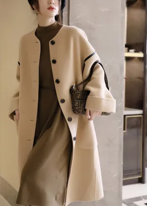 Vogue O-Neck Pockets Patchwork Button Woolen Trench Coats Long Sleeve