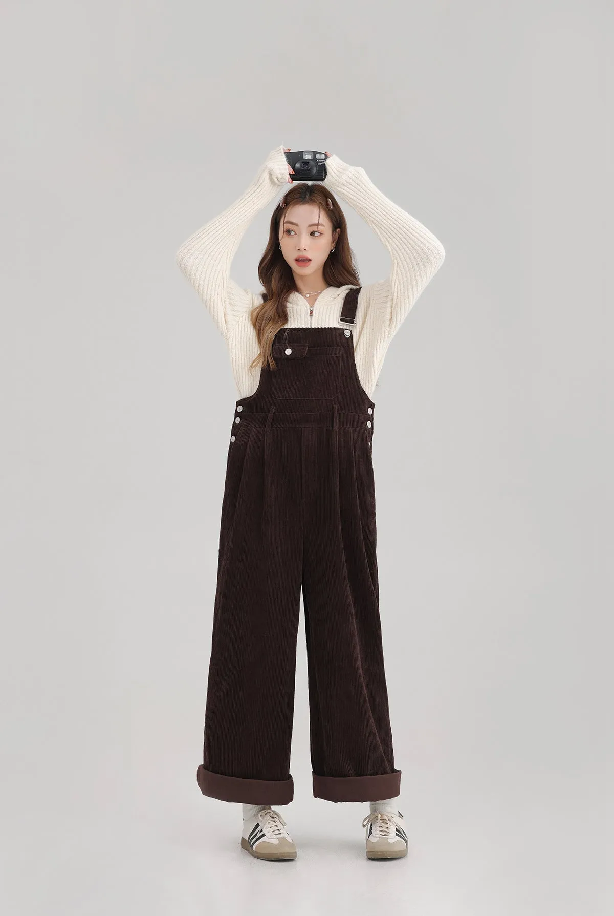 Winter Women Jumpsuit Causel Long Overalls Corduroy Wide leg Trouser