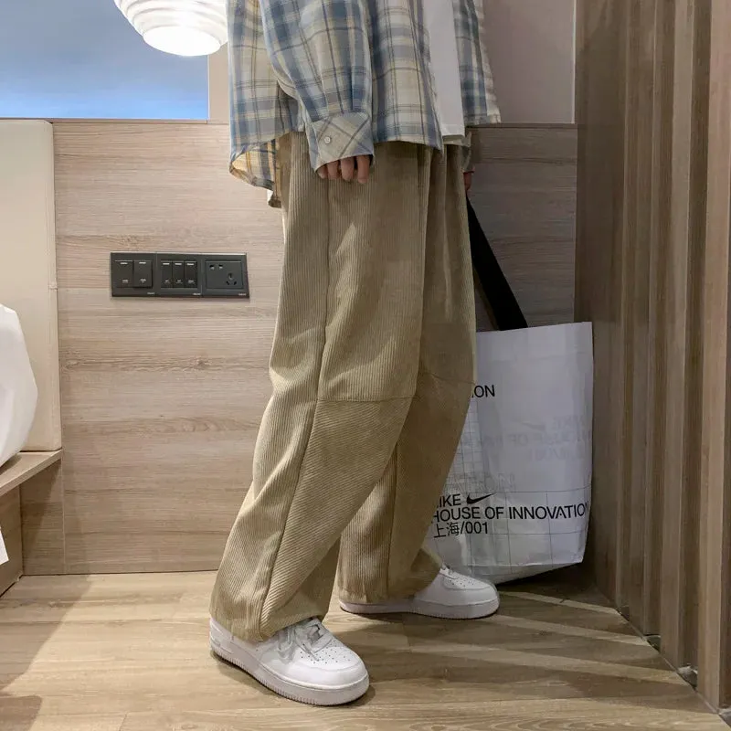 Wjczt  2025 new spring corduroy casual pants men's loose straight tube solid versatile pants vibe high street pants