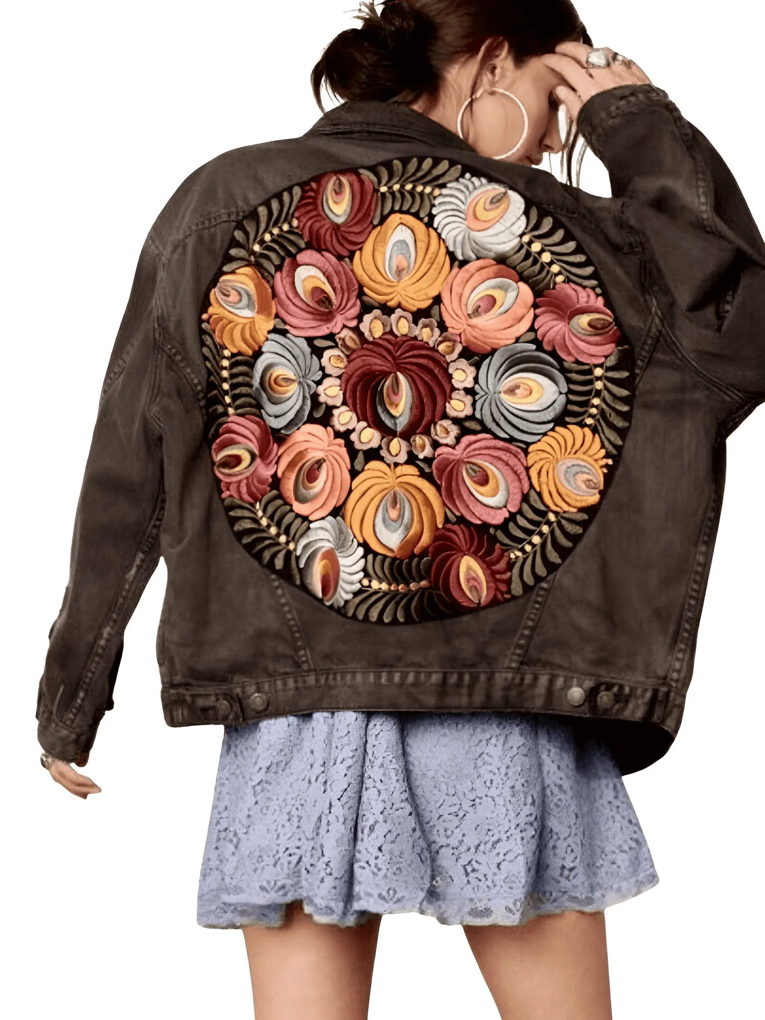 Women's Floral Embroidered Black Denim Jacket