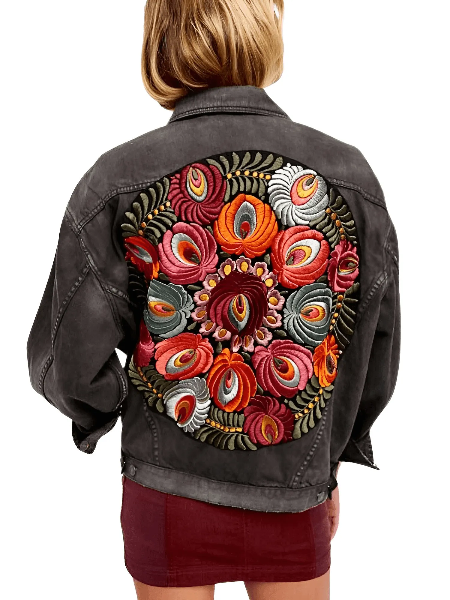 Women's Floral Embroidered Black Denim Jacket