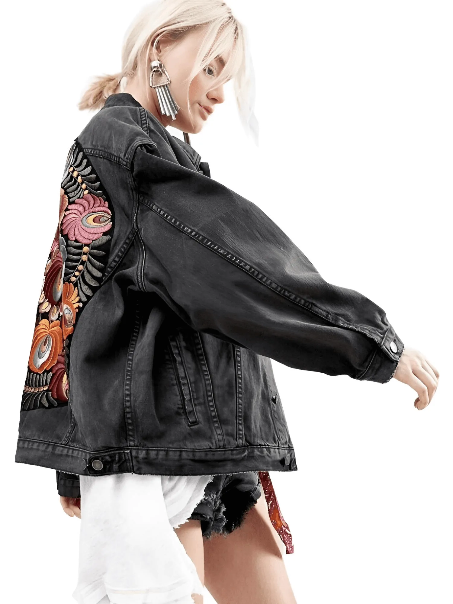 Women's Floral Embroidered Black Denim Jacket