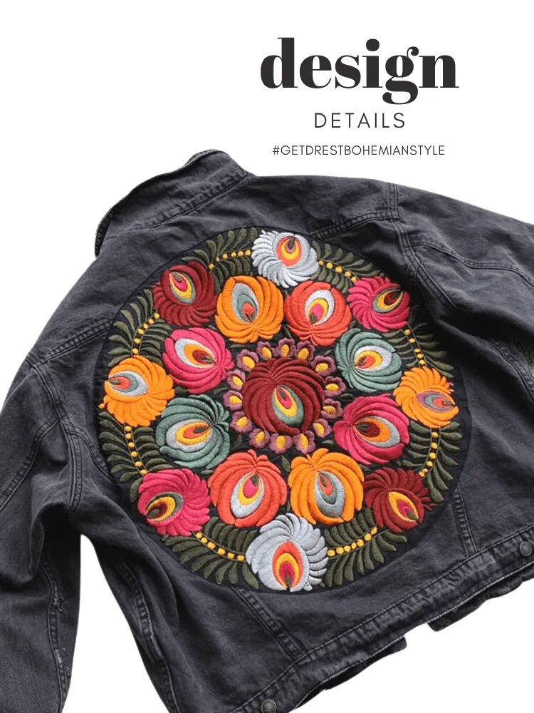 Women's Floral Embroidered Black Denim Jacket