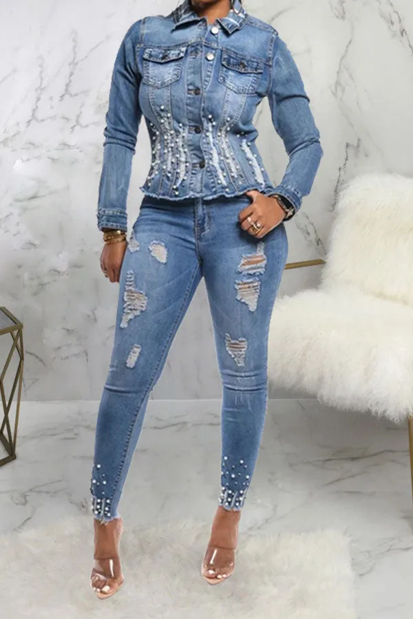 xiangtuibao Beaded Decor Girly Burrs Denim Coat