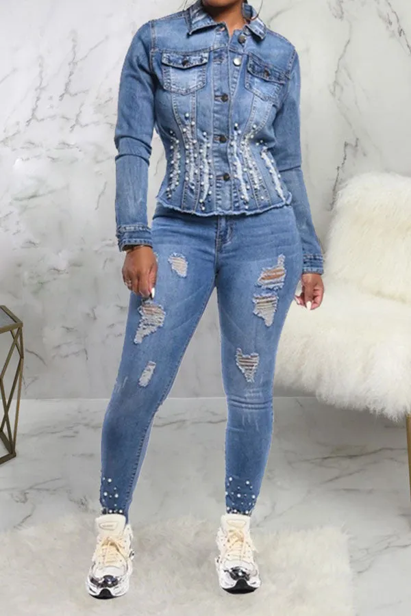 xiangtuibao Beaded Decor Girly Burrs Denim Coat