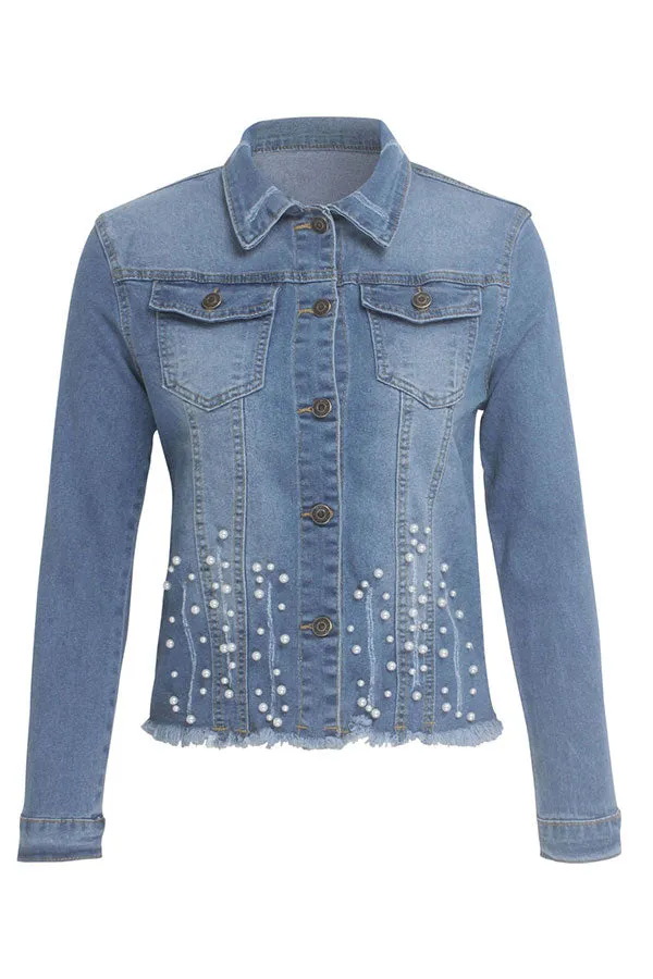 xiangtuibao Beaded Decor Girly Burrs Denim Coat