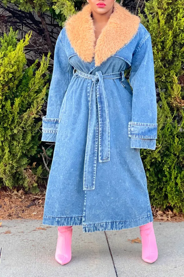 xiangtuibao Patchwork Feminine Belted Denim Trench Coat