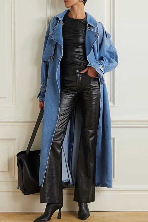 xiangtuibao Washed Gradient Denim Feminine Belted Trench Coat