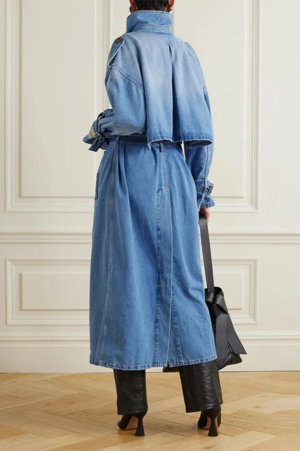 xiangtuibao Washed Gradient Denim Feminine Belted Trench Coat